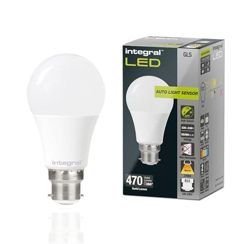 Image of Integral LED B22 Non-Dimmable Dusk to Dawn Dual Sensor Frosted GLS Bulb – Warm White 2700K, 470lm, 4.8W (40W Equivalent) - Energy efficient & Ideal for Outdoor, Porch, Garage, Garden, Patio