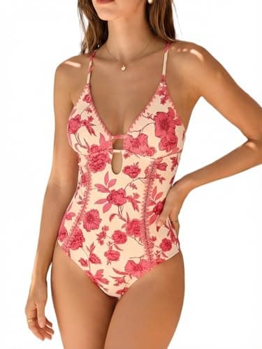 Image of CUPSHE Women's One Piece Swimsuit Plunging V Neck Shell Stitch Bathing Suit Self Tie Adjustable Cutouts Swimwear Pink/Floral S