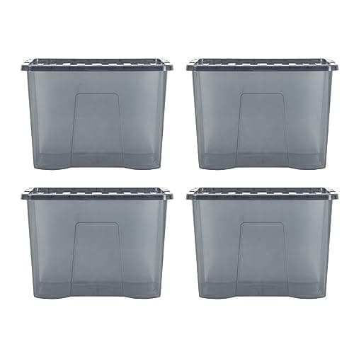 Image of Wham Crystal 4 x 80L Stackable Plastic Storage Boxes with Lids | Ideal for Home, Office, Toys & More | Large Boxes | Made in UK - Smoke