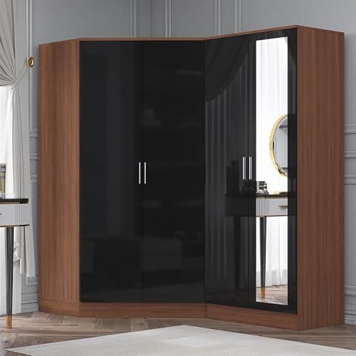 Image of Reflect 2 Piece Wardrobe Bundle | 2 Door Corner + 2 Door Mirror | Black Gloss & Walnut Finish | H: 180cm x W: 179cm x D: 103cm | Modern Bedroom Furniture Storage Solution