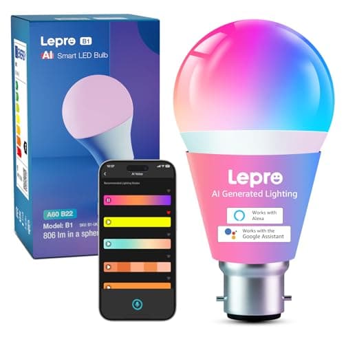 Image of Lepro AI Smart Bulb B22, Music Sync Bayonet WiFi Bulb, Colors Changing Light Bulb Works with Alexa & Google Assistant, 806lm, App & Voice Control, Personalized AI Lighting Designer