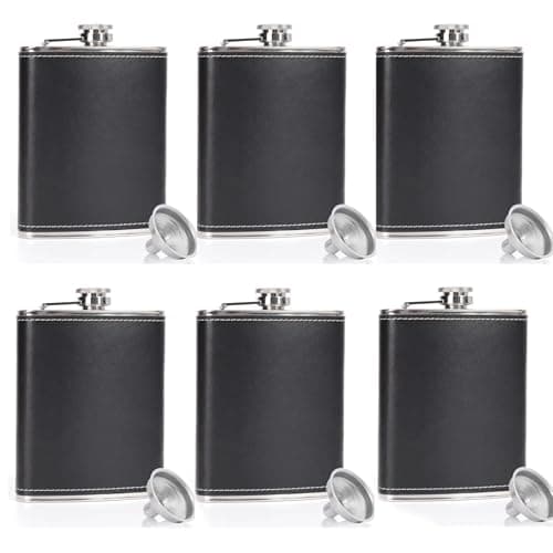 Image of LHD HOME Hip Flasks for Men Women 6 pcs 8Oz Leather Flask Stainless Steel Flask with 6 pcs Funnels for Whiskey Rum Groomsman Best Man Usher Wedding Camping Birthdays
