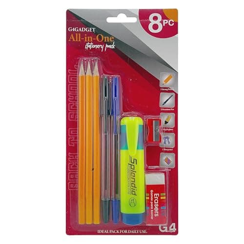 Image of G4GADGET All-in-One Stationery Pencil Set for Kids, Students & Office – 8PC Pack with 3 Wooden Pencils, 2 Ballpoint Pens, Highlighter, Eraser & Sharpener for School, Drawing, Sketching & Daily Writing