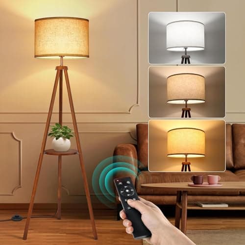 Image of OUTON Solid Wooden Tripod Floor Lamp, Bulb Included, Standing Lamp with Remote Control, Dimmable & 4 Color Temperatures, 1H Timer, Floor Lamp with Storage Shelf Linen Shade for Living Room Bedroom