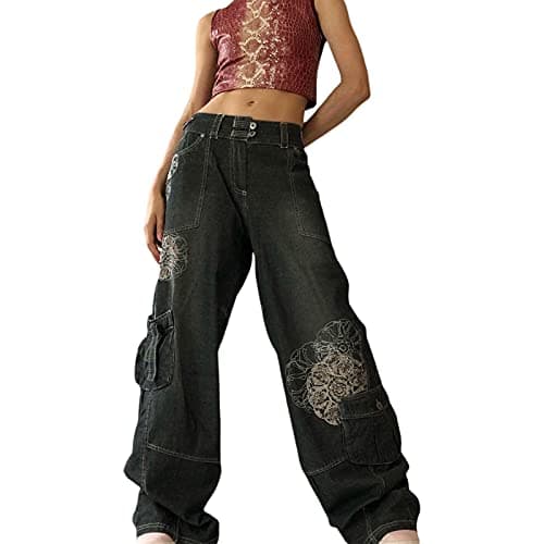 Image of Madger Women Y2k Wide Leg Jeans Gothic Baggy Denim Pants High Waist Punk Loose Straight Pants E Girl Streetwear-Black A,S