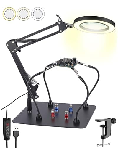Image of eSynic 8X Magnifier Lamp 4 Magnetic Helping Hands Soldering Station Professional Magnifying Glass with Light/Large Base/Clamp/4Pcs Board Fixed Column/72 LEDs Desk Magnifier for Soldering Craft etc