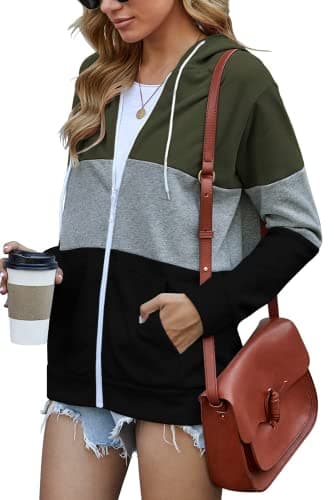 Image of iChunhua Ladies Casual Color Block Zip up Long Sleeve Hooded Hoodies Sweatshirts with Pockets Army Green XX-Large