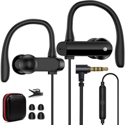 Image of Wired Over Ear Earbuds with Microphone Ear Hook,3.5mm Sport Headphones 1.8M Long Wrap Around Ear Buds Wired for iPad/iPod/Cellphones,3.5mm Plug in Headsets for Samsung A15 A14/Switch/MP3 Running,Black