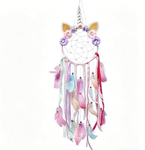 Image of ALMLWIAJ Purple Unicorn Dream Catcher for Girls, Large Dreamcatcher with Feathers Flowers Wall Hanging Decoration for kids Bedroom Decor Birthday Gift, Purple