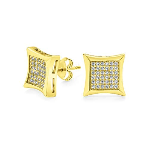 Image of Square Shaped Cubic Zirconia Micro Pave CZ Kite Stud Earrings For Men Gold Plated .925 Sterling Silver 5MM