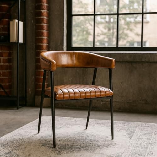 Image of Elm home and garden Genuine Real Leather Dining Chair with Black Metal Frame – Ribbed Tan Seat and Curved Back – 76×56×59 cm with 47 cm Seat Height