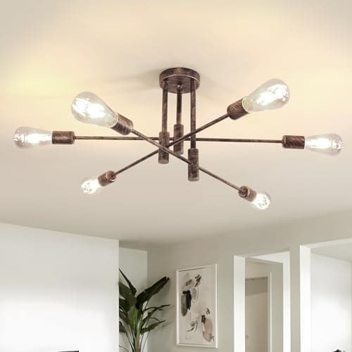 Image of Comely Vintage Sputnik Chandelier Ceiling Light, 6 Lights Semi Flush Mount Ceiling Lamp, E27 Ceiling Lighting for Living Room Bedroom Dining Room Hallway, Bronze