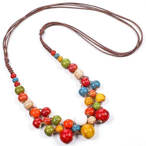 Image of Yolev Ceramic Beaded Necklace for Women Colorful Statement Necklace for Women Fashion Round Beads Strand Necklace Y2K Hippie Bohemian Jewelry for Women Casual Wear Statement Jewelry Gift