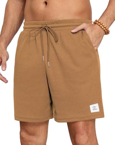 Image of Anelune Men's Waffle Knit Shorts with Pockets - Classic Fit Elastic Waist Casual Sports Shorts for Summer, Beach, Vacation Khaki L