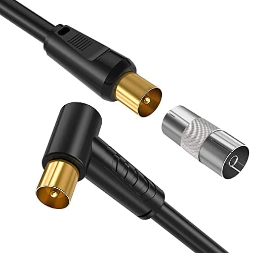 Image of Ancable 10M TV Aerial Coaxial Cable Male to Male Black, Right Angle Satellite Cable RF TV Antenna Coax Gold Plated Connector Flylead for Sky/SkyHD, Virgin, BT,TV, VCR or DVD players with Coupler