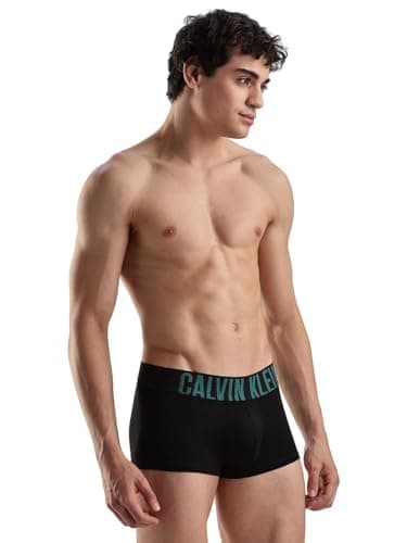 Image of Calvin Klein Men's Intense Power 3-Pack Low Rise Trunk Swimming Trunks (Pack of 3), Black Bodies W/Aqua Bar, White, Brisk Blue Logos, M