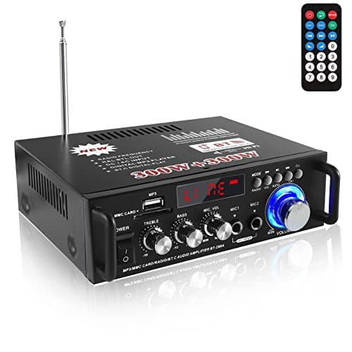 Image of Etlephe Mini Audio Amplifier, Bluetooth 5.0 Stereo Amplifiers, 300W+300W 2 Channel Power Sound Receiver/USB,SD Card,FM Radio,2 Mic for Home Speakers & Theater System-12V/230V UK Plug