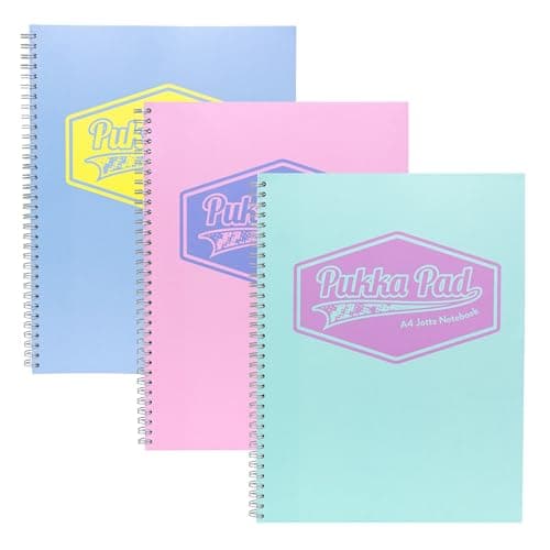 Image of Pukka Pad Pastel A4 Jotta Notebooks – Pack of 3 Wirebound Notepads with 200 Pages, 100 Sheets of 80GSM Ruled Paper and Perforated 4-Hole Punched Margins – Pink, Blue, & Green, 29.7 x 22.4 cm