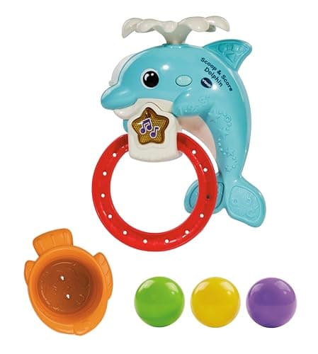 Image of VTech Scoop & Score Dolphin, Interactive Bath Toy for 1 Year Olds, Bath Toy with Hoop & Balls, Lights & Music, Bath Time Gift for Babies & Toddlers 1, 2, 3 years +, English version