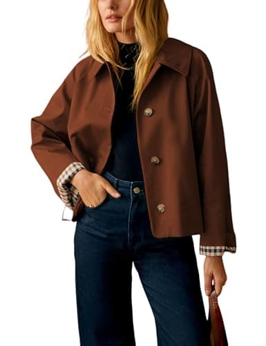 Image of Dqbeng Womens Cropped Trench Coat Classic Collar Oversized Casual Jackets with Checkered Lining, Brown, XS