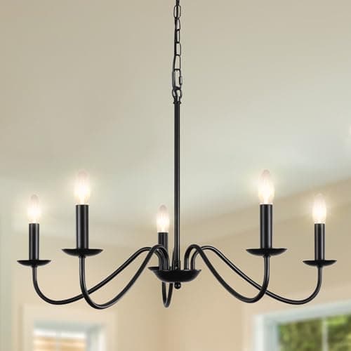 Image of ASHUAQI Black Chandelier, 5 Lights Chandeliers Ceiling Light, E14 Base Pendant Light Fitting Industrial Vintage Black Ceiling Lights for Living Room, Kitchen, Bedroom, Hallway, Dining Room