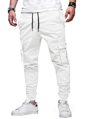 Image of Elegancity Mens Cargo Trousers Casual Jogger Work Pants Regular Fit Drawstring Sweatpants Sports Bottoms with Pockets (White, 38)