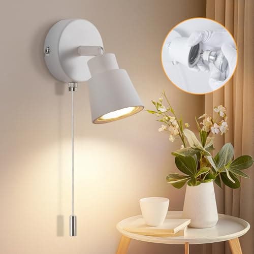 Image of TaFiCo White Wall Lights with Pull Cord Switch GU10 - Modern Pull Cord Light Switch 350° Rotatable - 50W Indoor Wall Sconce Lights for Bedroom Bedside Living Room Kitchen Desk - Bulb Not Included