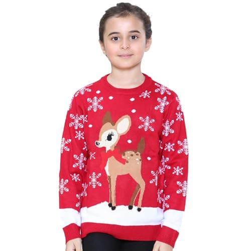 Image of NOROZE Girls Christmas Jumper 3D Kids Bird Reindeer Retro Pullover Sweater, Christmas Sweater Girls (Reindeer Red, 11-12 Years)