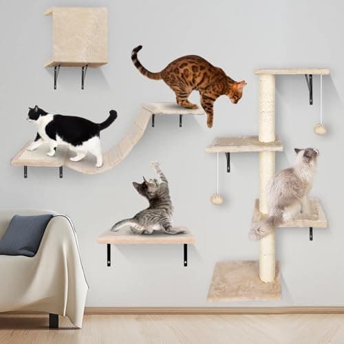Image of Pawchop Cat Wall Furniture, 4-in-1 Cat Wall Shelves, Cat Wall Climbing Set, Kitten Scratching Post with Tower, Cat Tree, Pet Hammock and Steps - Beige