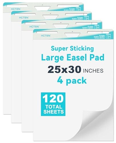 Image of HCTBN 4 Pads Sticky Easel Pad, 25 x 30 Inches, 30 Sheets/Pad, Large White Premium Self Stick Flip Chart Paper for Teachers, Businessmen, Office Workers, Super Sticking Power & Bleed-Resistant