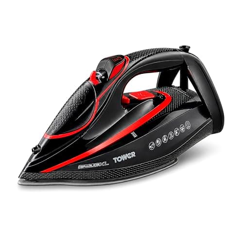 Image of Tower Steam Iron 3100W, One Temperature Technology for Easy Ironing, XL Soleplate 20% Larger for Faster Coverage, 200g Steam Boost, Ceramic Soleplate, Anti-Scale System, Red & Black (T22034RED)