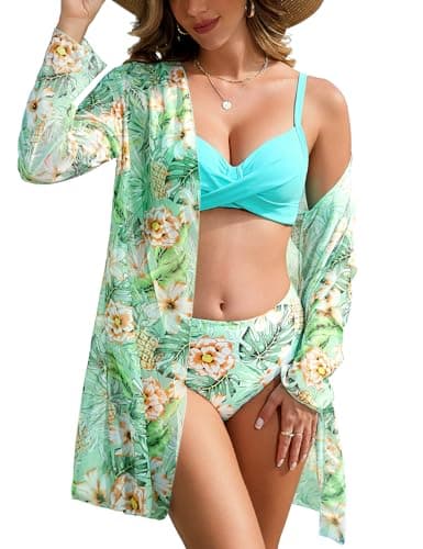 Image of UMIPUBO Womens Swimsuit 3 Piece Bikini Sets Padded Swimwear with Beach Cover Ups Sexy Push Up Bikini Top Swim Bottoms Print Bathing Suits Swimming Costume Beachwear Sarong (Blue, XL)