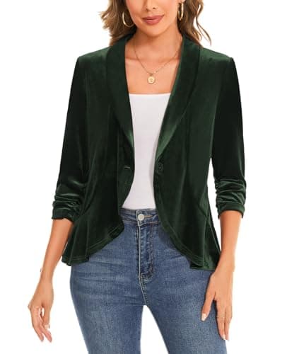 Image of MINTLIMIT Women's Shawl Collar Velvet Blazer Ruffle Hem with One-Button Closure 3/4 Sleeve Cardigan (Army Green XXL)