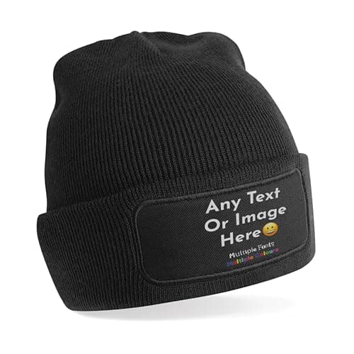 Image of Custom Black Patch Beanie Hat – Personalised Beanie Hats for adult Custom Hat with Logo, Customised Gifts Christmas Birthday