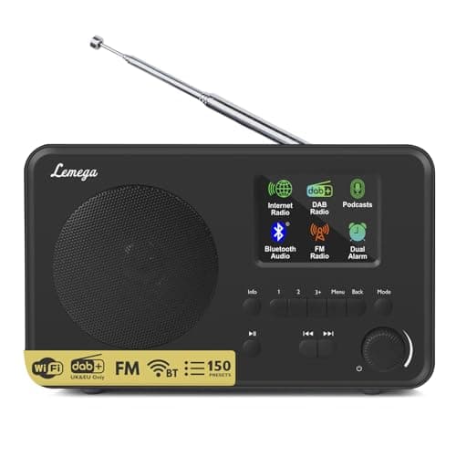 Image of LEMEGA IR1S Internet Radio with Podcasts & Bluetooth – DAB/DAB+, FM Radio, 150 Presets, Alarm Clock Radio, Compact Kitchen Radio with Full Colour Display, Mains or AA Battery Powered (Black, IR1S)