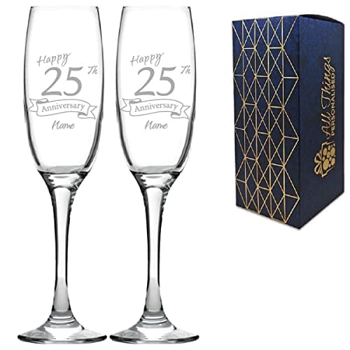 Image of Personalised Engraved 25th Anniversary Glass Set of Two, Imperial Champagne 7.5oz Glass, Engraved in The UK, Personalise with Any Name, Thoughtful Customised Gift