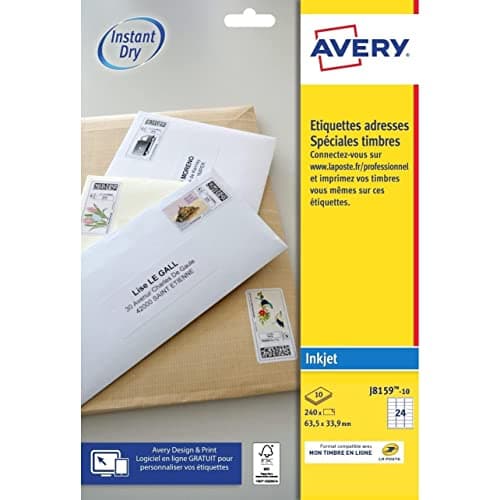 Image of Avery J8159 Self-Adhesive Labels (24 Labels Per Sheet), 63.5 x 33.9 mm, Inkjet Print, White Packaging: 10 Sheets White