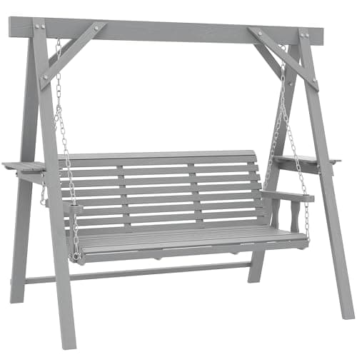 Image of Outsunny 3 Seater Garden Swing Seat, Wooden Swing Chair Bench with Side Tables and Metal Chains, for Outdoor Porch Patio, Dark Grey