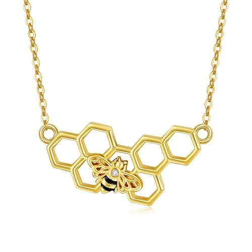 Image of URONE Bee Necklace 925 Sterling Silver Honey Bee Honeycomb Pendant Necklace Bee Jewellery Bee Gifts for Women Mum Her
