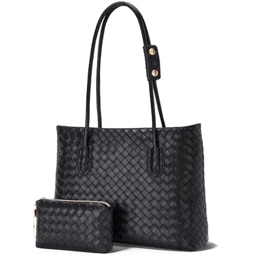 Image of Toptime Tote Bags for Women, Woven Leather Black Handbags for Women with Zipper, 15.6 Inch Shoulder Bag with Pouch Purse & Velvet Lining, Large Capacity Ladies Handbags for Shopping Travel Work