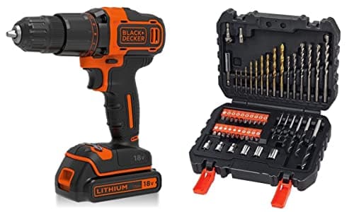 Image of BLACK+DECKER 18 V Cordless 2-Gear Combi Hammer Drill Power Tool with Kitbox, 1.5 Ah Lithium-Ion, BCD700S1K-GB with Black + Decker A7188 Drill and Screwdriver Bit Set 50-Piece