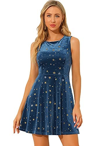 Image of Allegra K Women's Shiny Stars Print Sleeveless Swing Mini Velvet Dress Blue S-8