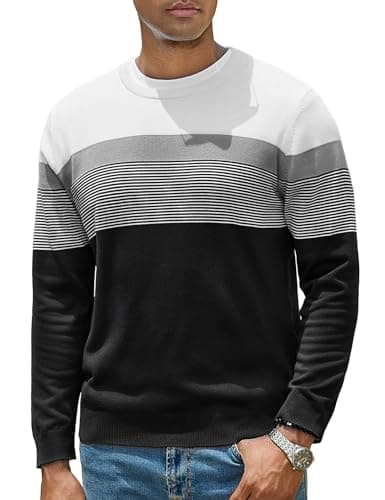 Image of iClosam Mens Stripe Jumpers Men’s Crew Neck Knitted Jumper Winter Warm Mens Sweater Long Sleeve Ribbed Pullover Men Long Sleeve Sweaters,Black,S