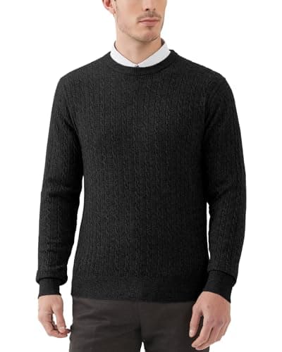 Image of Kallspin Men’s Wool Blend Jumper Sweater Cable-Knit Crewneck Pullover Casual Knitwear(Black, XL)