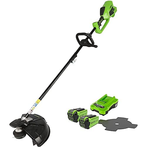 Image of Greenworks 40V Cordless Brushcutter Grass Strimmer, Adjustable Height, 40cm Cutting Width, Bump Feed 2mm Nylon Line or 25cm Blade, 2 x 40V Battery & Charger, 3 Year Guarantee GD40BCK2X