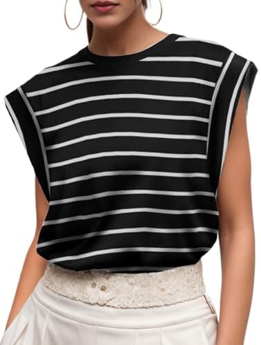 Image of GRECERELLE Womens Cotton T Shirts Cap Sleeves Stripe Loose Fit Basic Ladies Tops for Casual Comfort Soft Crew Neck Summer Tees (Black White Stripe, M)