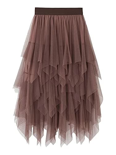Image of YILEEGOO Women's Tulle Skirt High Waist Tiered Layered Mesh Ballet Prom Party Tulle Tutu A-line Midi Skirt (Brown, ONE Size)
