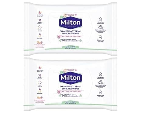 Image of The Nexus Globe Milton Antibacterial Surface Wipes (2 x 30 Wipes) Baby Safe Disinfectant for Toyas Soothers & Highchairs Plant Based No Rinse Formula