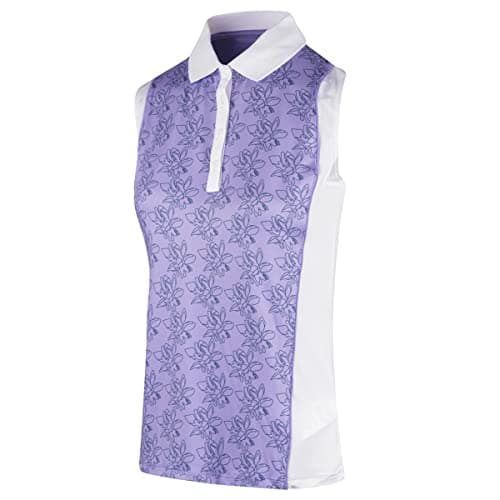 Image of Island GREEN Women's Freesia Floral Print Wicking Breathable Sleeveless Polo Top Golf Shirt, Lavender/White, M UK