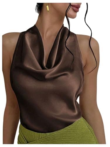 Image of GORGLITTER Women's Satin Draped Halter Neck Top Tie Back Cowl Neck Elegant Summer Going Out Tops for Women UK Coffee Brown Medium